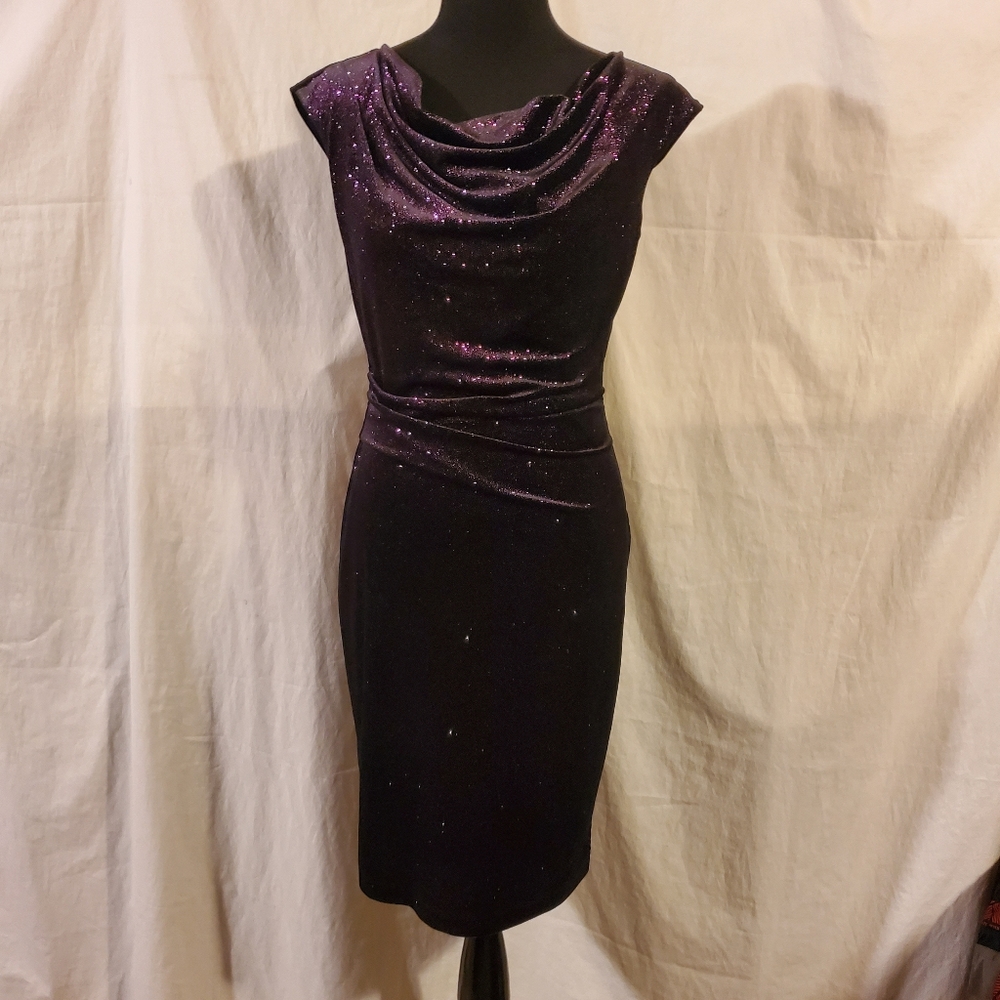 JH Evening Purple Velvet Glitter Cap Sleeve Cowl Neck Bodycon Dress 8
